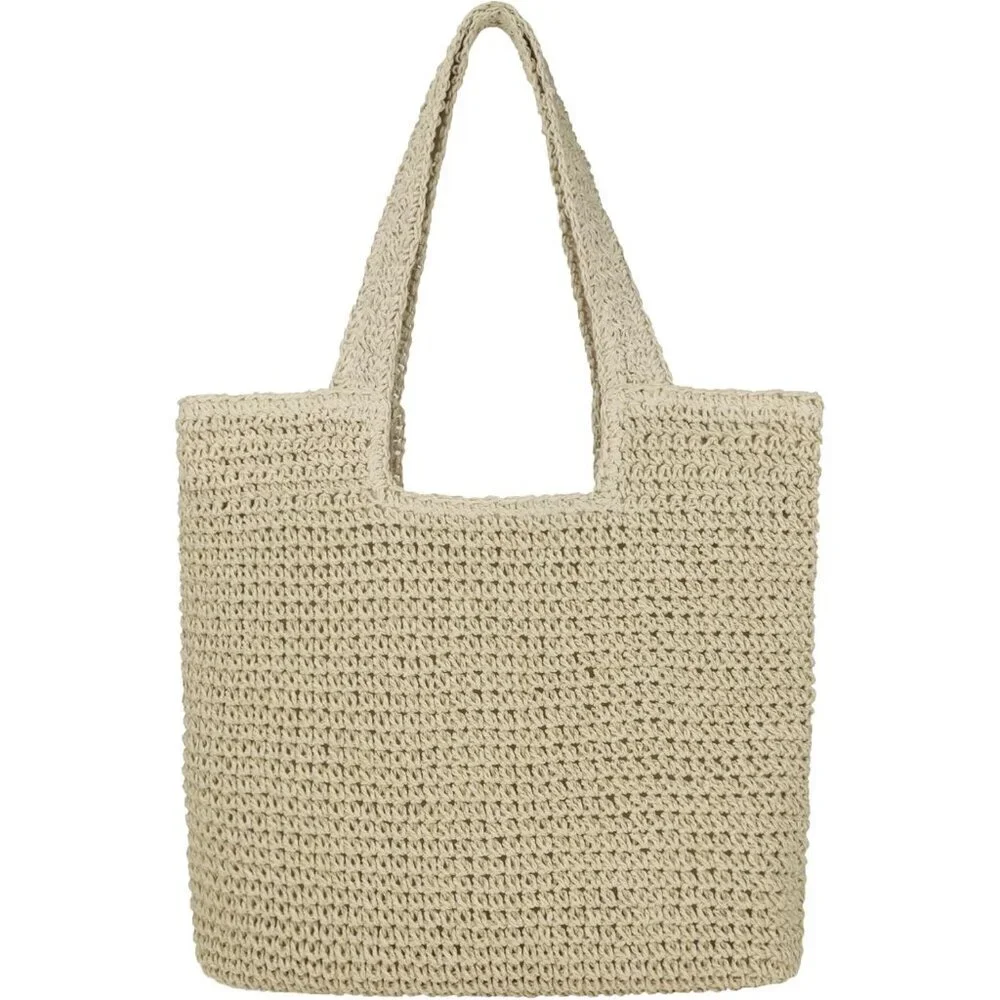 Women's A Beige Large Straw Beach Bag Handmade Woven Shoulder Hobo Tote Handbag - Picture 1 of 6